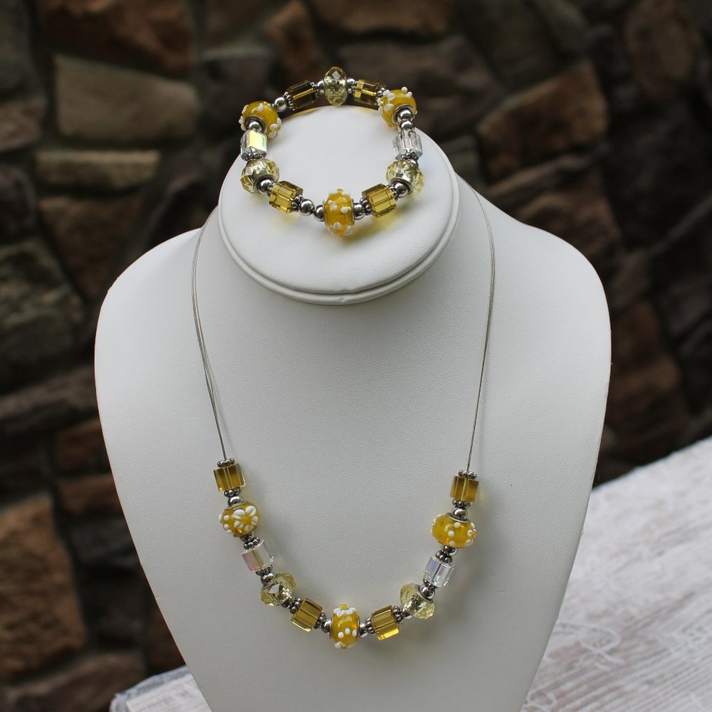Yellow Lampwork Art Bead Wire Necklace and Bracelet Set